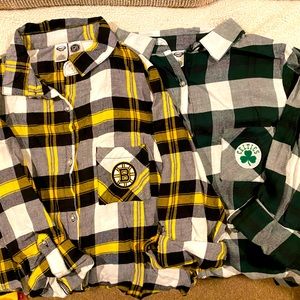 Women’s flannel Boston Bruins and Boston Celtics button down shirts